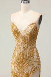 Beaded Strapless Golden Mermaid Prom Dress