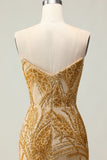 Beaded Strapless Golden Mermaid Prom Dress