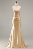 Strapless Mermaid Champagne Beaded Satin Long Prom Dress with Ribbon