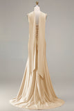 Strapless Mermaid Champagne Beaded Satin Long Prom Dress with Ribbon