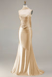 Champagne Beaded Neck Scarf Mermaid Prom Dress