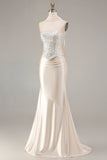 Champagne Beaded Neck Scarf Mermaid Prom Dress