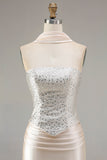 Champagne Beaded Neck Scarf Mermaid Prom Dress