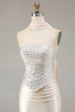 Champagne Beaded Neck Scarf Mermaid Prom Dress