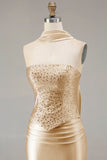 Champagne Beaded Neck Scarf Mermaid Prom Dress