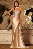 Strapless Mermaid Champagne Beaded Satin Long Prom Dress with Ribbon