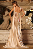 Strapless Mermaid Champagne Beaded Satin Long Prom Dress with Ribbon