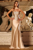 Strapless Mermaid Champagne Beaded Satin Long Prom Dress with Ribbon
