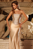 Strapless Mermaid Champagne Beaded Satin Long Prom Dress with Ribbon