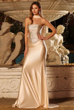 Strapless Mermaid Champagne Beaded Satin Long Prom Dress with Ribbon