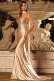 Strapless Mermaid Champagne Beaded Satin Long Prom Dress with Ribbon