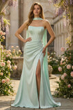 Light Green Mermaid Strapless Satin Corset Long Prom Dress with Ribbon
