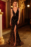 Mermaid Black Golden V Neck Sequin Prom Dress