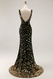 Mermaid Black Golden V Neck Sequin Prom Dress