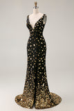 Mermaid Black Golden V Neck Sequin Prom Dress