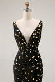 Mermaid Black Golden V Neck Sequin Prom Dress