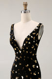 Mermaid Black Golden V Neck Sequin Prom Dress