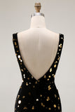 Mermaid Black Golden V Neck Sequin Prom Dress
