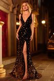 Sparkly Black Golden Mermaid V Neck Long Prom Dress