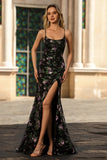 Black Purple Floral Mermaid Long Prom Dress
