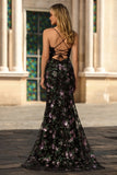 Black Purple Floral Mermaid Long Prom Dress