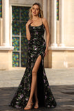 Black Purple Floral Mermaid Long Prom Dress
