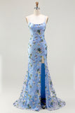 Blue Floral Mermaid Sequin Long Prom Dress