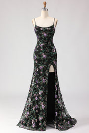 Floral Dark Green Sequin Mermaid Spaghetti Straps Long Prom Dress With Slit