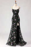 Floral Dark Green Sequin Mermaid Spaghetti Straps Long Prom Dress With Slit