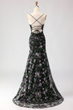 Floral Dark Green Sequin Mermaid Spaghetti Straps Long Prom Dress With Slit