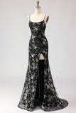 Floral Dark Green Sequin Mermaid Spaghetti Straps Long Prom Dress With Slit