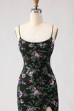 Floral Dark Green Sequin Mermaid Spaghetti Straps Long Prom Dress With Slit