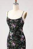 Floral Dark Green Sequin Mermaid Spaghetti Straps Long Prom Dress With Slit