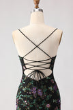 Floral Dark Green Sequin Mermaid Spaghetti Straps Long Prom Dress With Slit
