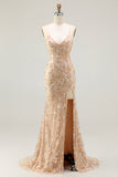 Champagne Sequin Mermaid Prom Dress with Slit