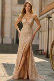 Champagne Mermaid Sequin Prom Dress with Slit