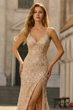 Champagne Mermaid Sequin Prom Dress with Slit