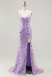 Sparkly Purple Mermaid Spaghetti Straps Prom Dress