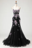 Sparkly Mermaid Corset Appliqued Black Pink Floral Prom Dress