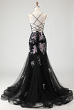 Sparkly Mermaid Corset Appliqued Black Pink Floral Prom Dress