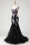 Sparkly Mermaid Corset Appliqued Black Pink Floral Prom Dress