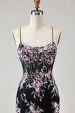 Sparkly Mermaid Corset Appliqued Black Pink Floral Prom Dress