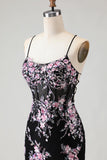 Sparkly Mermaid Corset Appliqued Black Pink Floral Prom Dress