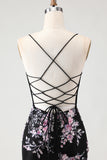 Sparkly Mermaid Corset Appliqued Black Pink Floral Prom Dress