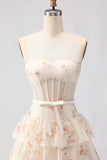 Champange Flower Corset A Line Tiered Strapless Long Prom Dress With Ruffles