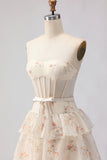 Champange Flower Corset A Line Tiered Strapless Long Prom Dress With Ruffles