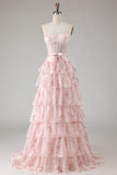 Tiered Strapless Corset Pink Red Floral Bowed Prom Dress