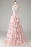 Tiered Strapless Corset Pink Red Floral Bowed Prom Dress