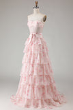 Tiered Strapless Corset Pink Red Floral Bowed Prom Dress