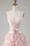 Tiered Strapless Corset Pink Red Floral Bowed Prom Dress
